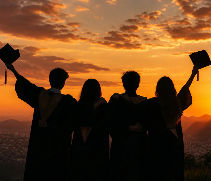 Students celebrating at sunset